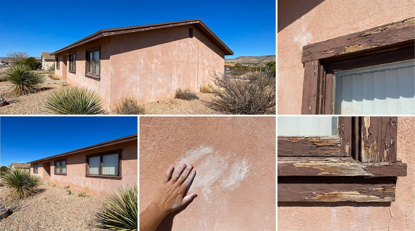Desert sun UV paint damage on a stucco home in Carlsbad New Mexico Eddy County chalking fading peeling trim