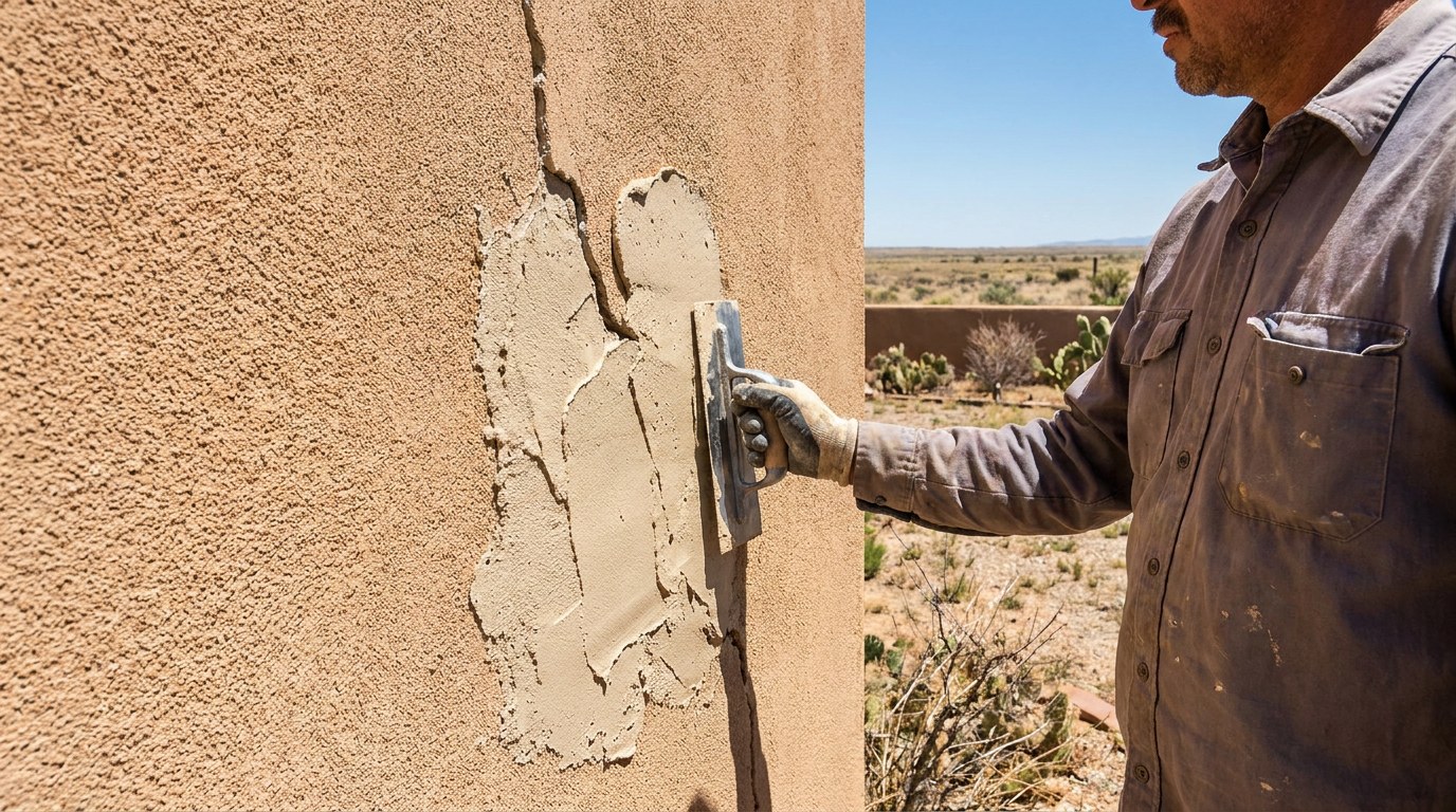 Stucco repair before painting on a residential home in Carlsbad New Mexico Eddy County desert climate crack repair